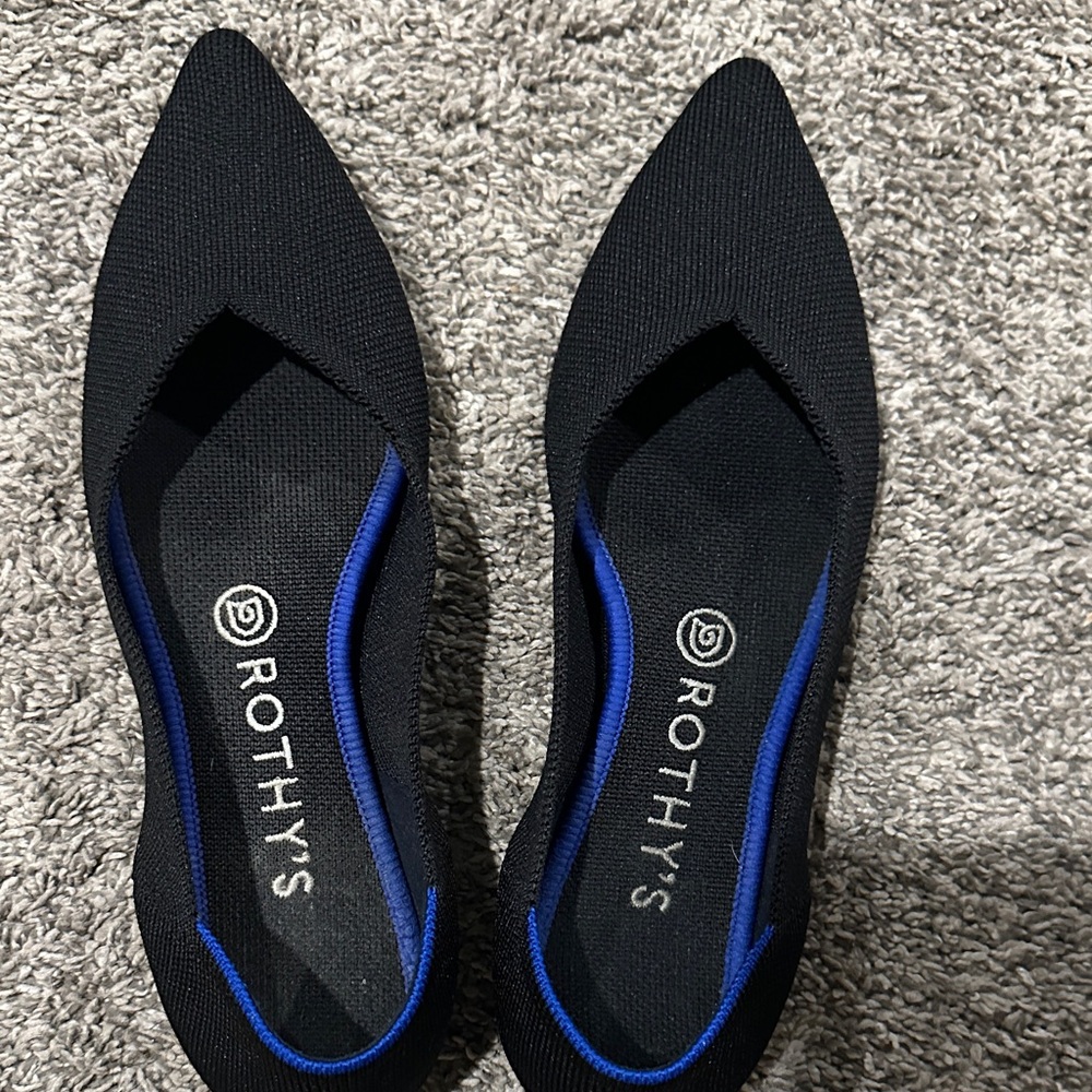 Rothy's Black Pointed Toe Flats with Blue Trim
